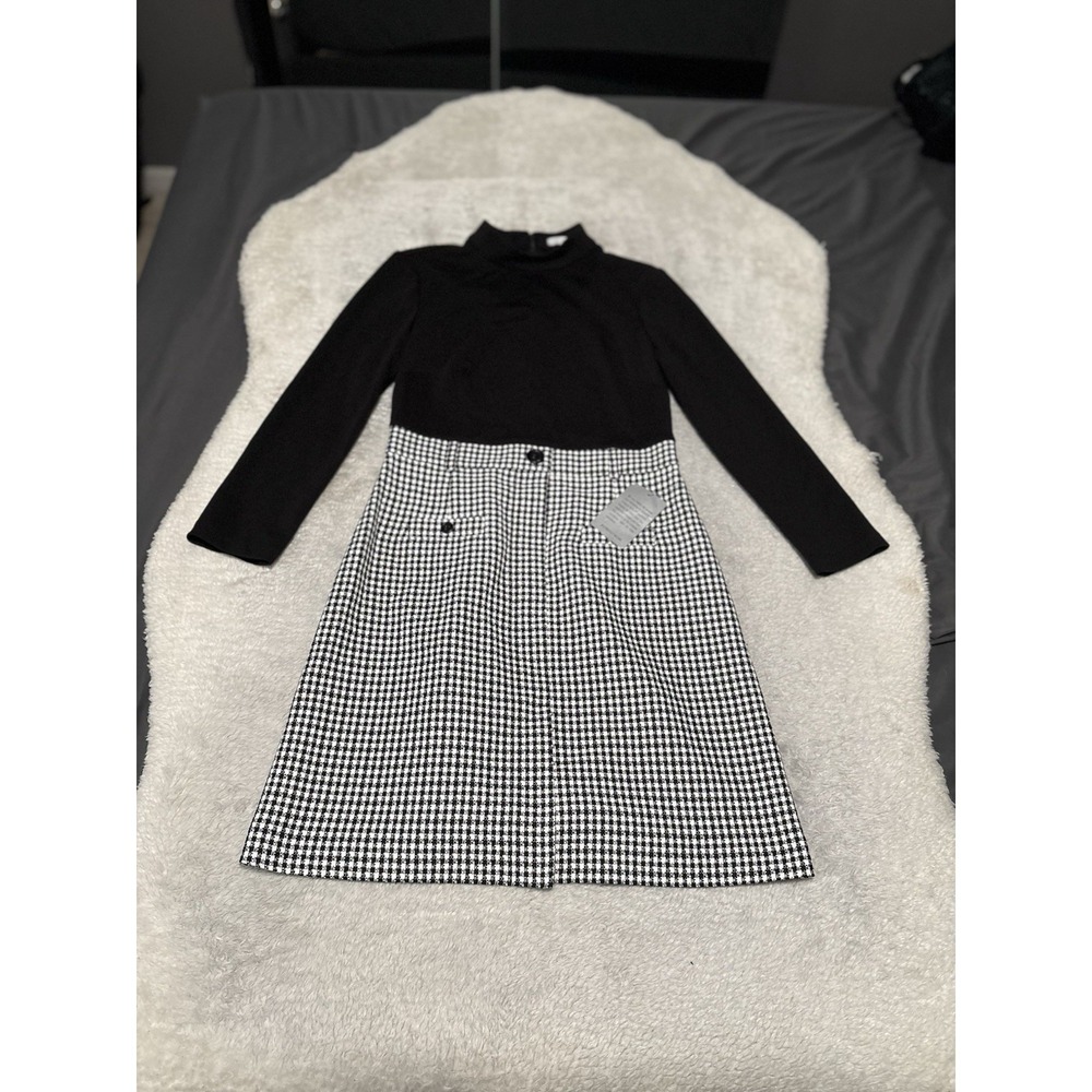 New Nordstrom 1901 Women's Black Long Sleeve Sheath Dress Plaid Size 8 NWT